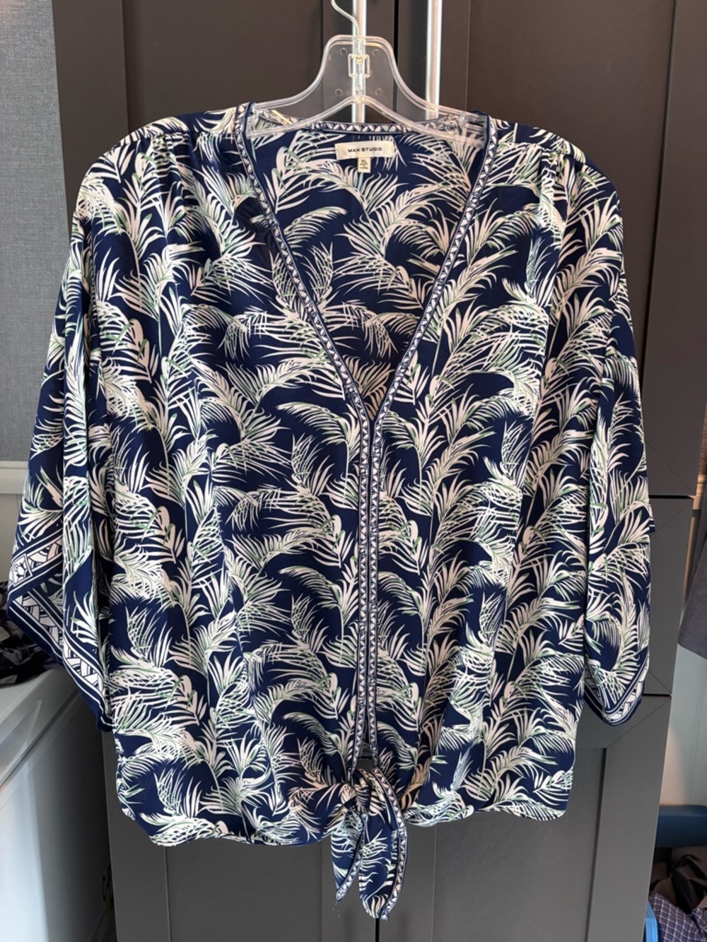 Max Studio Navy and White Palm-Print Tie-Front Blouse